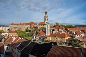 Obraz premium Aerial view of Cesky Krumlov with Castle Tower and former Church of Saint Jost - Cesky Krumlov, Czech Republic