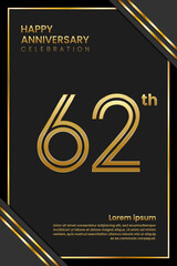 62th Anniversary. Anniversary Template Design With Golden Text. Double Line Design Concept. Vector Template Illustration