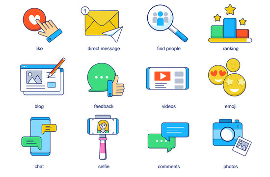 Social media concept line icons set. Pack outline pictograms of like, direct message, find people, ranking, blog, video, emoji, chat, selfie, photo. Flat elements for mobile app and web design