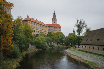 Vltava River and Cesky Krumlov Castle with Mint Building, Tower and Little Castle - Cesky Krumlov, Czech Republic