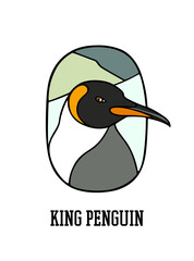 Vector card with hand drawn elegant King Penguin in austere ellipse frame. Beautiful wild animal illustration, ink drawing, graphic style. Logo template