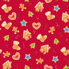 Happy new year red seamless pattern. Christmas gingerbread cookies. 