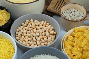 Chickpeas in bowl. Various vegetarian organic products. Vintage view.