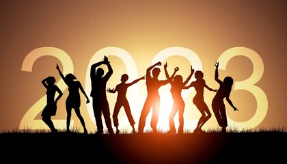 Silhouette of people jumping with 2023 numbers