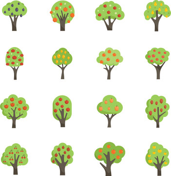 Fruit tree icons set flat vector. Apple garden. Tree fruit isolated