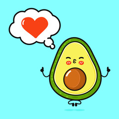 Cute funny avocado doing yoga with speech bubble. Vector hand drawn cartoon kawaii character illustration icon. Isolated on blue background. Avocado in love character concept
