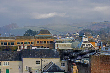 Aerial view of rooftops in the Devon town of Barnstaple after snowfall