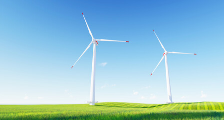 Panoramic view of wind farm or wind park, with high wind turbines for generation electricity with copy space. green energy concept. Windmills in the on a beautiful bright day. 3d rendering.