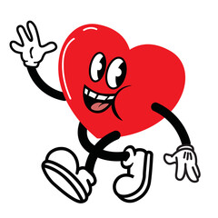 A cheerful, vintage cartoon-style heart mascot with a wide smile and limbs is depicted running and waving with one hand on a solid white background