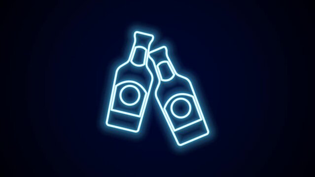 Glowing neon line Beer bottle icon isolated on black background. 4K Video motion graphic animation