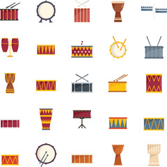 Drum icons set flat vector. Instrument music. Bongo bass isolated