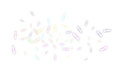 Paper clips are scattered on a white background. Decorative element. Background for design, school and office supplies