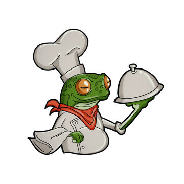 ilustraci&oacute;n  de rana chef o mesero para publicidad divertida y original 