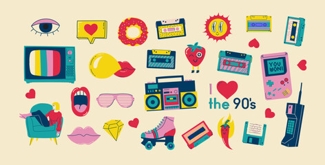 Fototapeta premium Fashion patch badges with lips, hearts, speech bubbles, audio cassette and other elements. Vector illustration isolated on white background. Set of stickers, pins, patches in cartoon 80s-90s style.