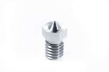 Detail of a hotend, part of a 3D printer, isolated on a white background