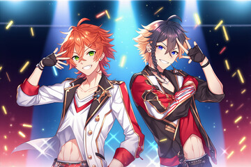 Fototapeta premium Two super hot and sexy male friends in a celebration, clubbing, anime cartoon style, generative AI