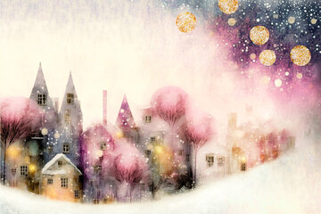 A painting of a castle, city with houses and trees in the snow covered city, fantasy art, fairtail landscape illustration, bokeh, magic banner, postcard background