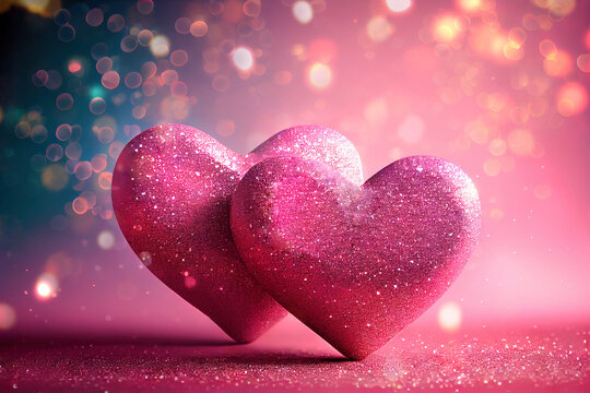 Two hearts on pink glitter background. AI generated