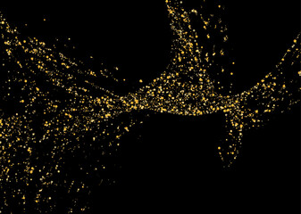 Fototapeta premium Gold glitter confetti on a black background. Shiny particles scattered, sand. Decorative element. Luxury background for your design, cards, invitations, vector