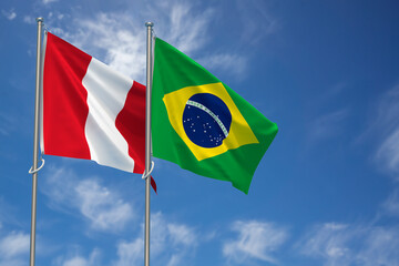 Republic of Peru and Federative Republic of Brazil Flags Over Blue Sky Background. 3D Illustration