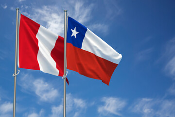 Republic of Peru and Republic of Chile Flags Over Blue Sky Background. 3D Illustration
