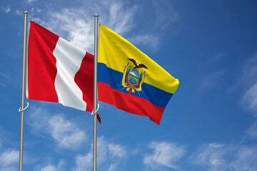 Republic of Peru and Republic of Ecuador Flags Over Blue Sky Background. 3D Illustration