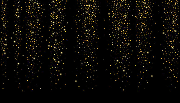 Gold glitter confetti on a black background. Shiny particles scattered, sand. Decorative element. Luxury background for your design, cards, invitations, vector © HALINA YERMAKOVA