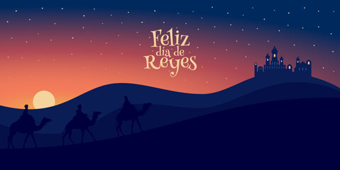 Fototapeta premium Feliz día de reyes. Tres reyes siguiendo la estrella. Reyes magos