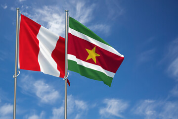 Republic of Peru and Republic of Suriname Flags Over Blue Sky Background. 3D Illustration