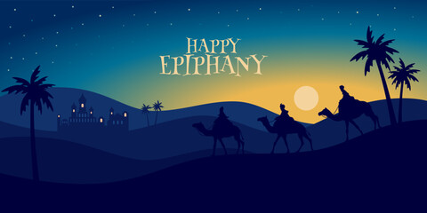 Happy king's day. Epiphany. Three kings following the star. Reyes magos