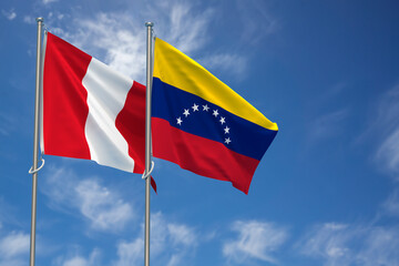 Republic of Peru and Bolivarian Republic of Venezuela Flags Over Blue Sky Background. 3D Illustration