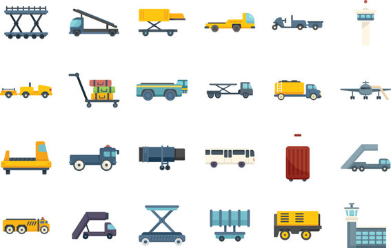 Airport ground support service icons set flat vector. Cargo aero. Tail airplane isolated