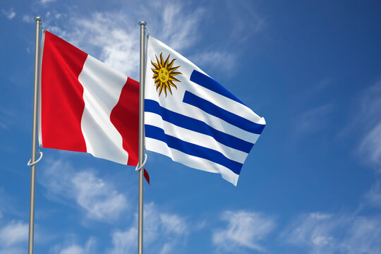 Republic of Peru and Oriental Republic of Uruguay Flags Over Blue Sky Background. 3D Illustration