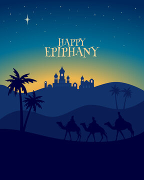 Happy king's day. Epiphany. Three kings following the star. Reyes magos