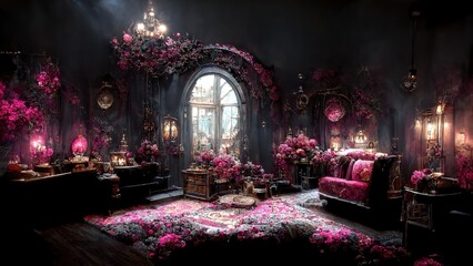 Gothic home with touch of pink flowers. Fantasy place. Generative ai.