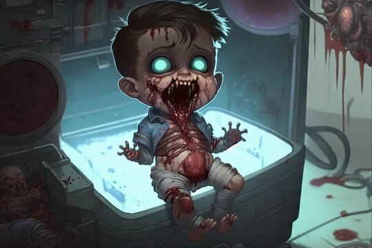 mutated and infected indian toddler/baby in a biological weapons lab, chemical wounds and rotting flesh, disgusting, horror, plague, zombie. Generative AI