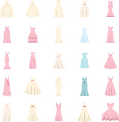 Wedding dress icons set flat vector. Bride accessories. Marriage groom isolated