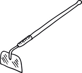 Hoe ink drawing. Farming tool sketch. Gardening icon