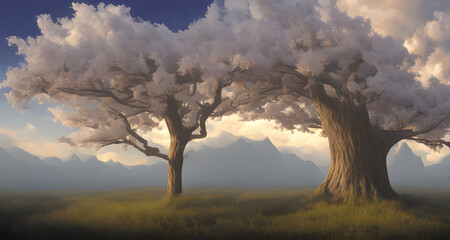 AI Digital Illustration Trees Landscape With White Clouds Motif