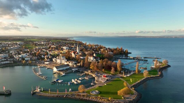 Aerial view of Romanshorn, a town along Lake Constance, Switzerland view at sunset