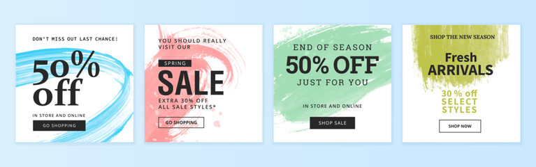 Sale banners with watercolor brushstrokes for social media posts, mobile app, ads.