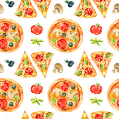 Watercolor seamless pattern of pizza. Hand-drawn illustration isolated on white background