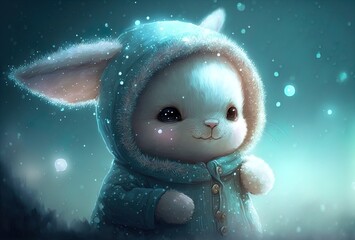 Obraz na płótnie Canvas A cute white fairy rabbit wearing sweater as Santa Claus, wearing cyan a hat, snowing background.