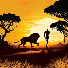 safari in continent lion and man run drawing style illustration shadow