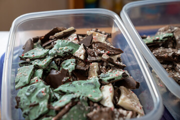 Chocolate peppermint bark, homemade, in serving trays for the holidays, in selective focus