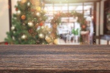 Wooden empty table and Christmas tree background
