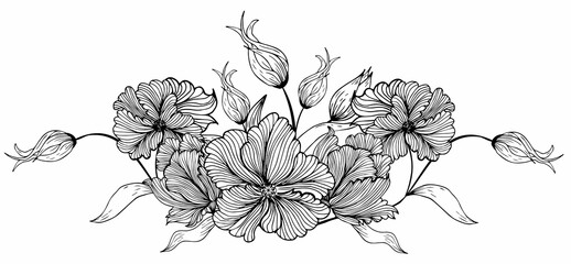 Floral composition, floral background with tender flowers and branches of buds. Hand drawing. For stylized decor, invitations, postcards, posters, cards, backgrounds, as clipart or coloring page. Engr
