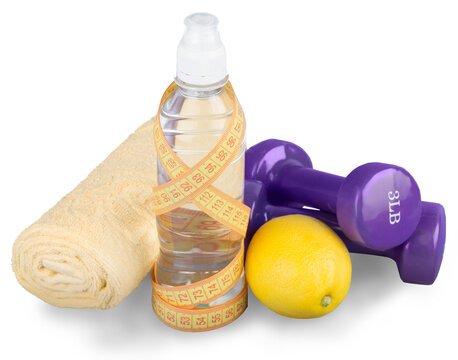 fitness dumbbells water and fruits. workout concept