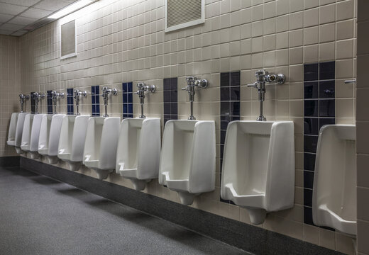 Urinals in a gymnasium bathroom; Connecticut, United States of America