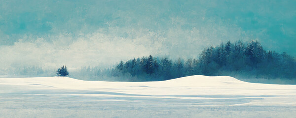 snow covered winter landscape. wide banner background. generative ai.